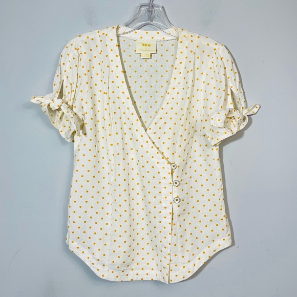Anthropologie Maeve Louise Wrapped Blouse Size 0 Polka Dot Retro Puff Sleeve Top - Picture 6 of 15
